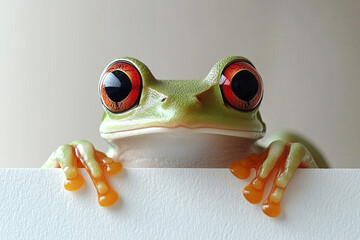 A green frog with red eyes is looking at the camera