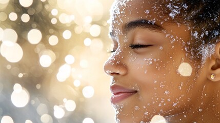 Poster - Skin covered in tiny ice crystals and goosebumps from cold water exposure Stock Photo with side copy space