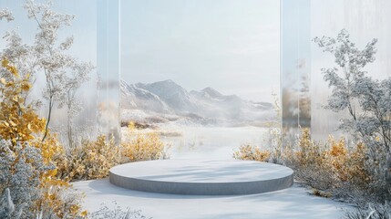 Aufkleber - Abstract natural field scene featuring a podium for product display set against a frosted glass backdrop 3D rendering
