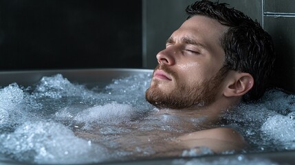 Poster - Man taking a deep breath in a cold water tub with facial expression of intense focus Stock Photo with side copy space