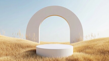 Aufkleber - 3D podium background featuring a pedestal on dry grass Summer product display scene with a classical arch studio setting Minimalist showcase 3D render for advertisement and illustration