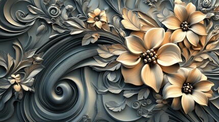 Aufkleber - Abstract floral organic wallpaper design featuring a vintage style 3D illustration suitable for backgrounds wallpapers murals and posters