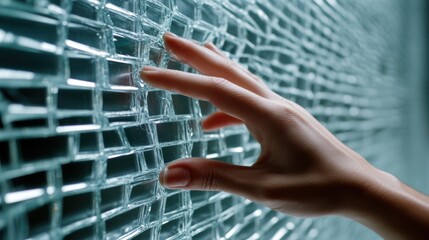 Wall Mural - A hand gently touches a textured glass wall, creating a sense of curiosity and exploration, AI