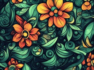 Poster - Abstract fantasy graphic background featuring a seamless fabric pattern Hand drawn floral geometric texture with tribal ethnic ornaments in a doodle style 2D cartoon illustration