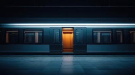 Subway station at night showcasing a train with an open door, illuminated by warm light against a dark background.