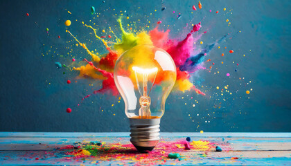 Poster - A vibrant explosion of colors surrounds a light bulb on a wooden surface, showcasing creativity and ideas in abstract art