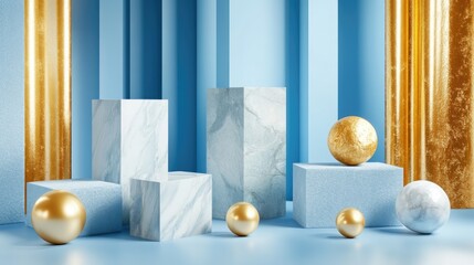 Aufkleber - 3D rendering of a blue scene featuring a collection of geometric shapes in gold marble