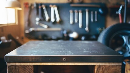 metal blank tabletop with blurred automotive tools and parts in the background suitable for promoting automotive products