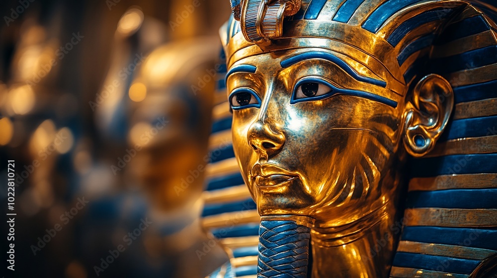 Close-up of the golden mask of Tutankhamun, a famous Egyptian pharaoh ...