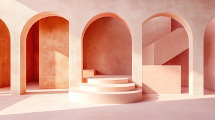 Aufkleber - 3D rendered illustration featuring modern geometric shapes including arches and stairs within a stylish minimal interior Background displays a gradient of pastel colors suitable for banners or pro