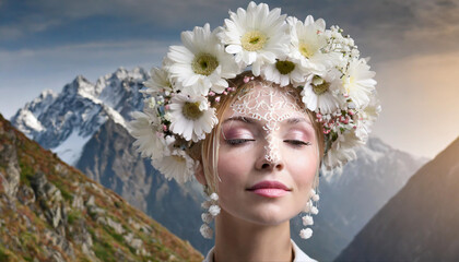 A serene woman wearing a floral crown stands against majestic mountains during sunlight, capturing a tranquil moment in nature