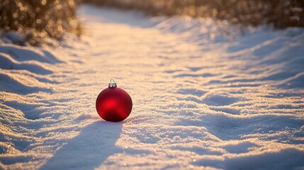 Red Christmas ornament on snowy path with golden light