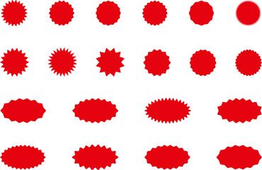 starburst red sticker set - collection of special offer sale round and oval sunburst labels and butt