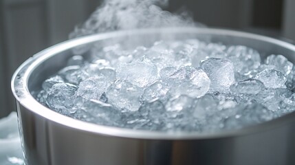 Poster - Steam rising from the surface of an ice bath as a person breathes deeply in cold air Stock Photo with side copy space