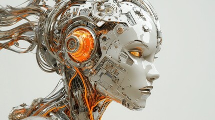 Aufkleber - 3D illustration of a humanoid robot head representing artificial intelligence in human form showcasing a global cybernetic mind s influence on humanity featuring a digital brain and futuristic ele