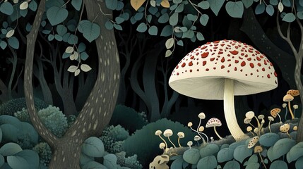 Aufkleber - Close up of a mushroom growing amidst ivy in a forest
