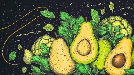 Poster - Assortment of Fresh Green Vegetables and Fruits on Dark Chalkboard Background Includes Cauliflower Avocado Spinach Lettuce Green Apples and Herbs Vegetarian Cuisine Healthy Eating Detox Food Conce
