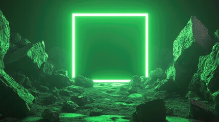 Aufkleber - 3D render of an abstract neon green background featuring a glowing square frame and cobblestone rock ruins Scene designed for product display platform