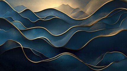 Poster - 3D dark mural wallpaper featuring golden wavy lines and blue mountains for stylish wall decoration