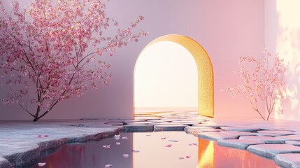 Aufkleber - 3D render of an abstract contemporary background featuring a golden arch cobblestones and reflections on a wet floor A modern minimal showcase designed for product display embellished with a cherr