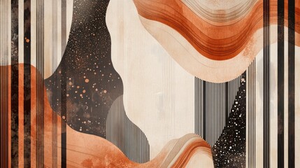 Poster - Artwork featuring spotted striped wallpaper in sandy brown hues with translucent smooth stripes set against a backdrop of abstract shapes with wavy contours
