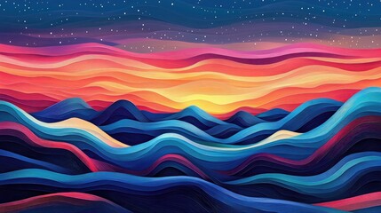 Poster - Abstract Landscape Wide Wallpaper Panoramic Illustration Background With Brush Strokes In Oil Painting Style Surreal Lines At Dawn Control Space And Stars