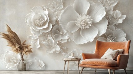Poster - 3D wallpaper featuring a painting of crystal flowers in white