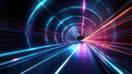 Poster - 3D Rendering Of A Futuristic Neon Glowing Speed Tunnel Flight Through Tunnel Distortion Effect Signal Interference Virtual Reality Background Wallpaper