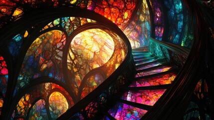 Aufkleber - Abstract stained glass with vibrant fractal patterns Colorful and chaotic 3D rendered textures creating a fantastical visual experience