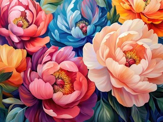 Aufkleber - 3D mural design featuring peony flowers in a vibrant painting style