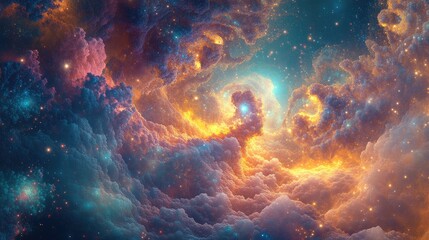 Poster - Abstract fractal background featuring a fantastical textured chaos with ornamental flares radiating light and a sense of luminosity reminiscent of a magical universe or galaxy
