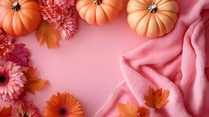 Wall Mural - A pink background features orange and pink flowers, pumpkins on the left, and a pink towel on the right