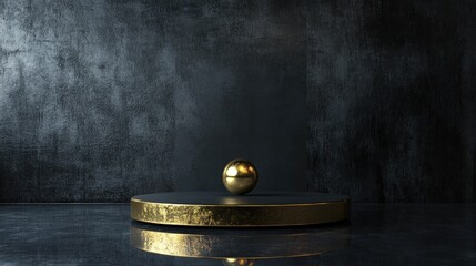 Aufkleber - 3D rendering of an abstract minimalistic black background featuring an empty hemisphere podium a golden sphere and its reflection on a wet floor providing a blank platform for product showcase