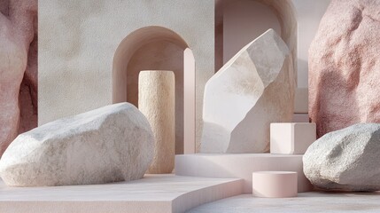 Aufkleber - Abstract pastel geometric background featuring stone and rock shapes designed for minimalist podium display or showcase with 3D rendering