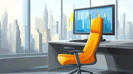 Wall Mural - A modern office space featuring a sleek chair and a computer monitor with graphs.