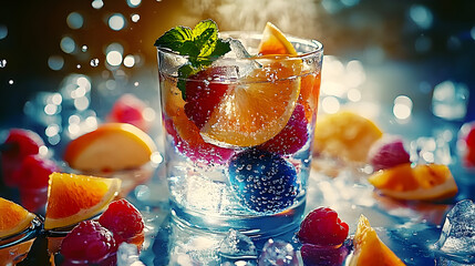 Wall Mural - A close-up of a glass filled with water, adorned with sliced fruit and chilling ice cubes on the side