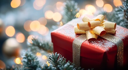 Poster - a red Christmas present gift box with a golden bow on a tree branch against a blurred background : Generative AI