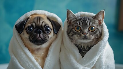 Funny wet puppy of the pug breed and fluffy cat after bath wrapped in towel Just washed cute dog and gray tabby kitten in bathrobe with soap foam on their heads on blue background : Generative AI