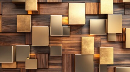 Aufkleber - 3D modern mural design featuring golden lines squares and wood texture ideal for enhancing interior home decor