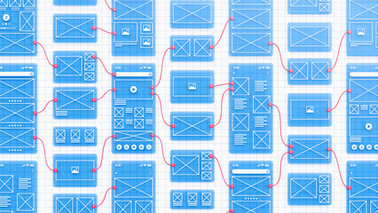 Aufkleber - UX UI flowchart connection node graphic designer creative planning application process development data prototype wireframe for web mobile icon phone . User experience concept. 3d rendering.
