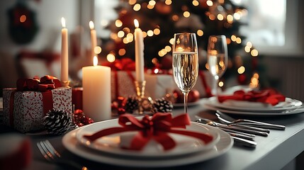 Poster - fine Christmas table with white plates and silverware : Generative AI
