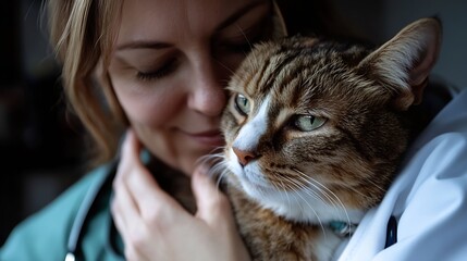 Poster - Portrait vet and woman with animals clinic and care with help care and support with a smile charity work and empathy Face female person or veterinarian with a cat bulldog and medical t : Generative AI