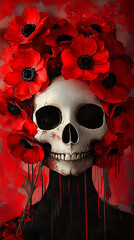 Sticker - A woman with red flowers in her hair and a skull face at the center of the painting