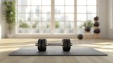 close up of sweaty dumbbell lying fitness mat on the floor : Generative AI