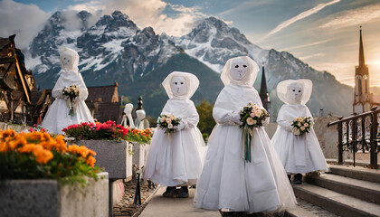 Traditional festival procession in scenic mountain village featuring costumed figures holding flowers at sunset