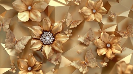 Poster - 3D gold flower wallpaper design featuring geometric backgrounds brooch style flowers butterflies and diamond accents for an elegant mural presentation