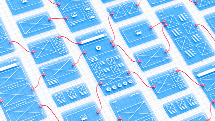 UX UI flowchart connection node graphic designer creative planning application process development data prototype wireframe for web mobile icon phone . User experience concept. 3d rendering.