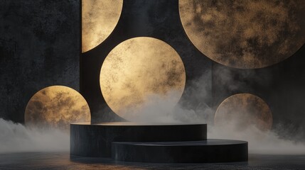 Poster - 3D abstract studio space featuring a pedestal podium Black geometric platform accented with golden circular layers in the background Elegant setting for showcasing cosmetic products and promotiona