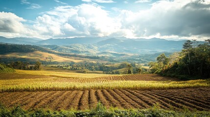 Poster - A View of Agricultural Land with Distant Hills