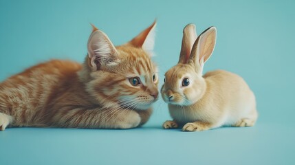 Poster - Ginger cat and rabbit playing together Happy red pets isolated on blue : Generative AI